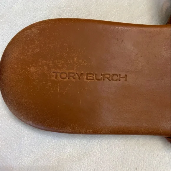 Tory Burch Miller Sandals Brown Leather Gold Logo Thong Flats - Picture 7 of 9